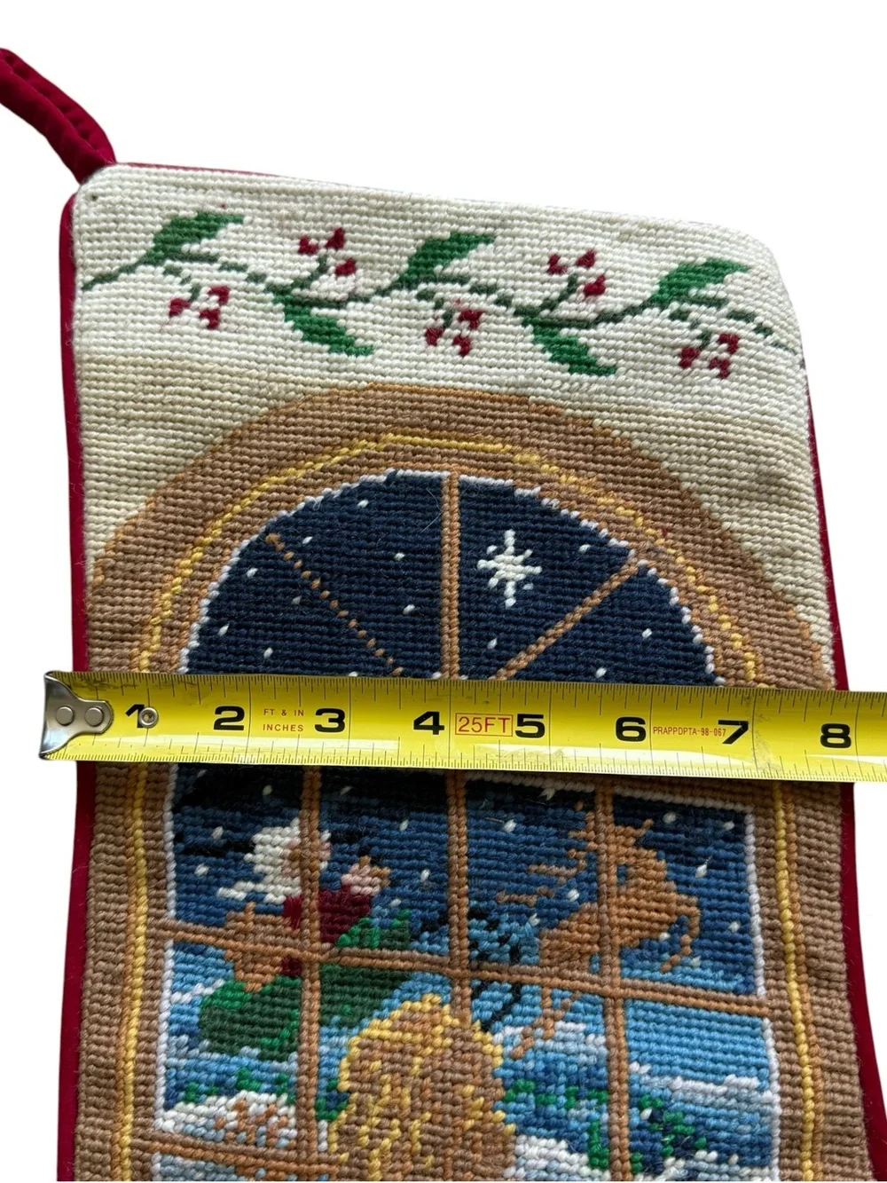 Vintage Wool Needlepoint Christmas Stocking Santa Reindeer Grandmillennial Decor